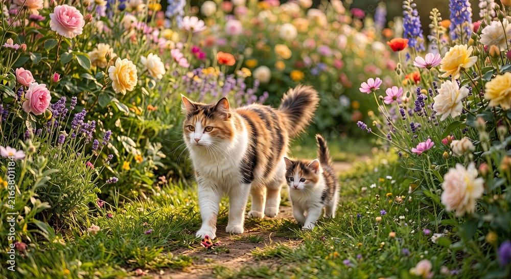 Obraz premium Calico cat walking beside kitten through vibrant flower garden path.