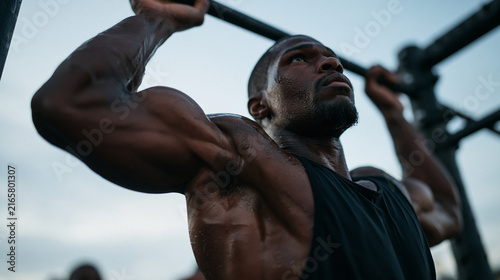 Muscular Athletic Man Doing Pull Ups Outdoors