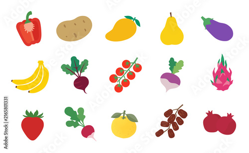 Cute fruits and vegetables vector set with various healthy food icons
