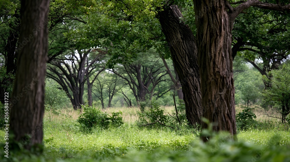 Fototapeta premium A serene woodland scene with tall trees and lush green grass under soft natural light creating a tranquil and organic landscape