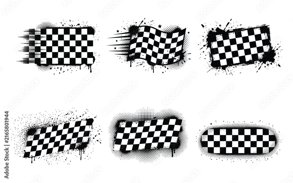 Fototapeta premium Grungy racing checkered flags collection with spray splatters and fast movement motion blur effect.