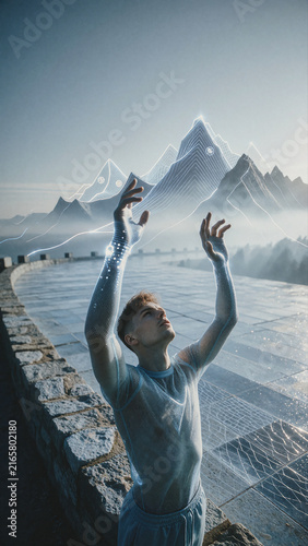 Man reaches upward toward glowing white geometric mountain outlines floating in the misty air above a stone terrace during dawn. Translucent mesh fabric covers his torso.