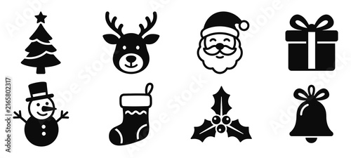 Set of black and white christmas icons featuring santa claus reindeer snowman tree gift box stocking holly and bell for holiday design