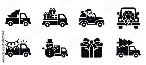 Set of black silhouette icons featuring christmas vehicles carrying gifts trees and festive decorations for holiday season design projects and greeting cards