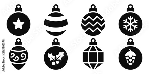 A collection of eight decorative christmas tree ornaments featuring various festive patterns and shapes isolated on a clean white background for design