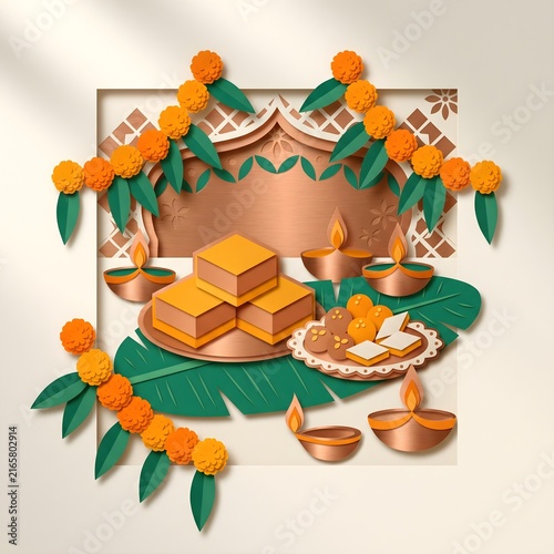 Diwali paper cut background, Indian sweets and diya lamps, festive greeting