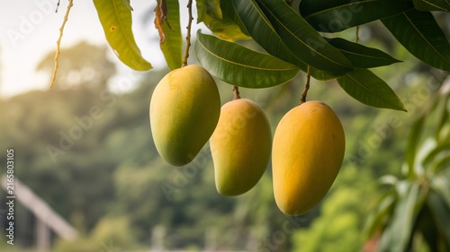 Fresh ripe mangoes hanging on a lush green tree branch in an orchard during daylight with agriculture tropical plantation sunlight cultivation
