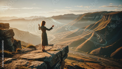 Woman stands on rocky cliff edge with arms outstretched toward glowing ethereal lines of energy floating above mountainous landscape during golden hour sunset.