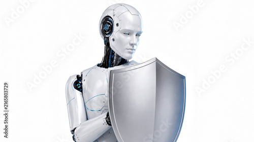 Humanoid Robot Holding Protective Shield on White Isolated Background 