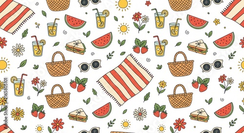 Seamless summer picnic pattern with hand-drawn doodle basket, blanket, food, and fruits