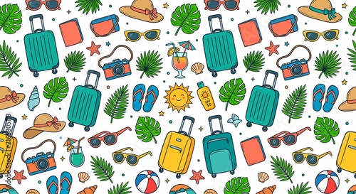 Seamless summer vacation and travel pattern with hand-drawn luggage, camera, and beach accessories