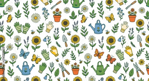 Seamless gardening and spring floral pattern with hand-drawn doodle tools, sunflowers, and butterflies