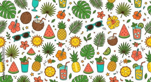 Seamless tropical summer pattern with hand-drawn doodle fruits, exotic leaves, and beach elements