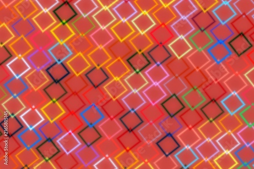 Colorful geometric pattern of squares on red background