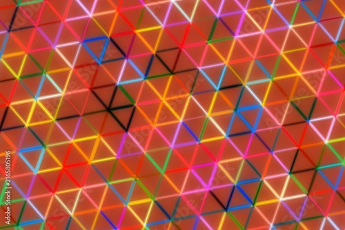 Colorful neon triangles pattern on red background