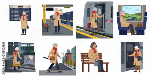 Set of flat vector illustrations of a senior woman traveling and commuting by train in the city