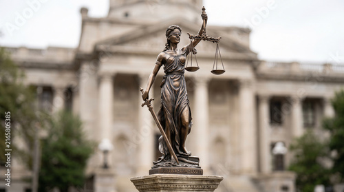 Bronze Lady Justice statue blindfolded holding balanced scales of justice and sword on blurred bright bokeh background, law, justice, legal system 
