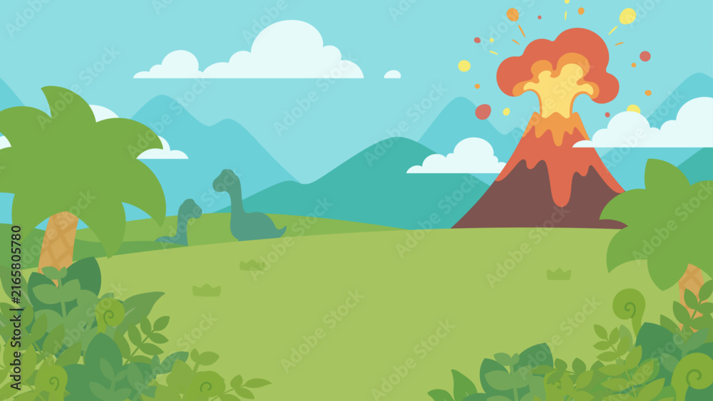 Obraz premium 火山と恐竜のいる時代の風景イラスト_16:9