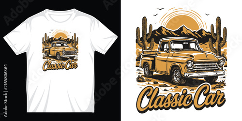 Classic pickup truck illustration in desert mountain landscape with cactus for rustic apparel print and outdoor vintage clothing design asset.