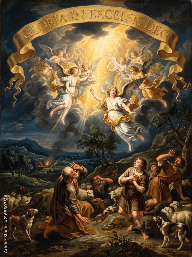 Fototapeta premium Baroque painting of angels appearing to shepherd with sheep flock at night under Gloria in excelsis deo banner. Christmas nativity annunciation biblical scene for religious holiday greeting card