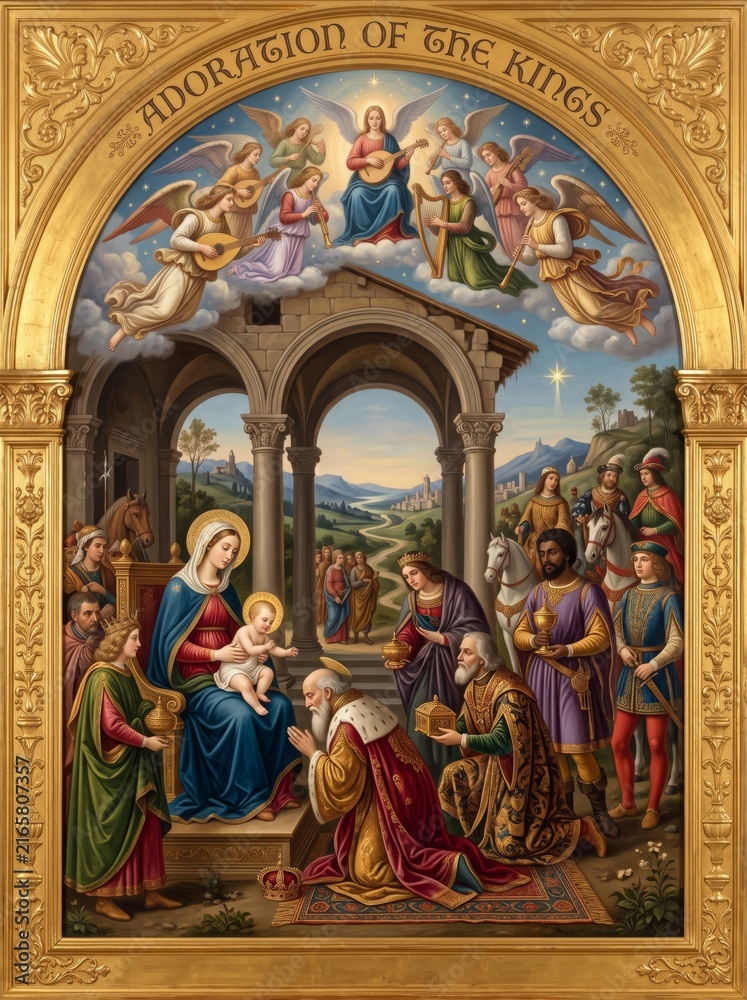 Naklejka premium Adoration of the kings with woman Mary holding baby Jesus and wise men offering gifts while angels play music above. Christmas epiphany nativity scene for religious holiday celebration