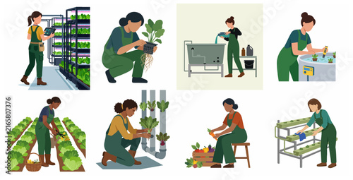 Flat illustrations of women working in modern hydroponics, vertical farming, and sustainable agriculture systems, using technology and smart farming techniques for organic food production.