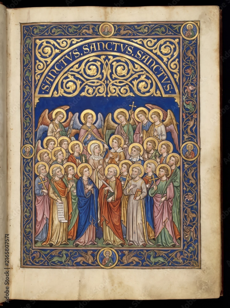 Fototapeta premium Illuminated medieval manuscript page showing saints and angels under Sanctus inscription with ornate border. Christian faith and holiness concept for All Saints Day and religious history