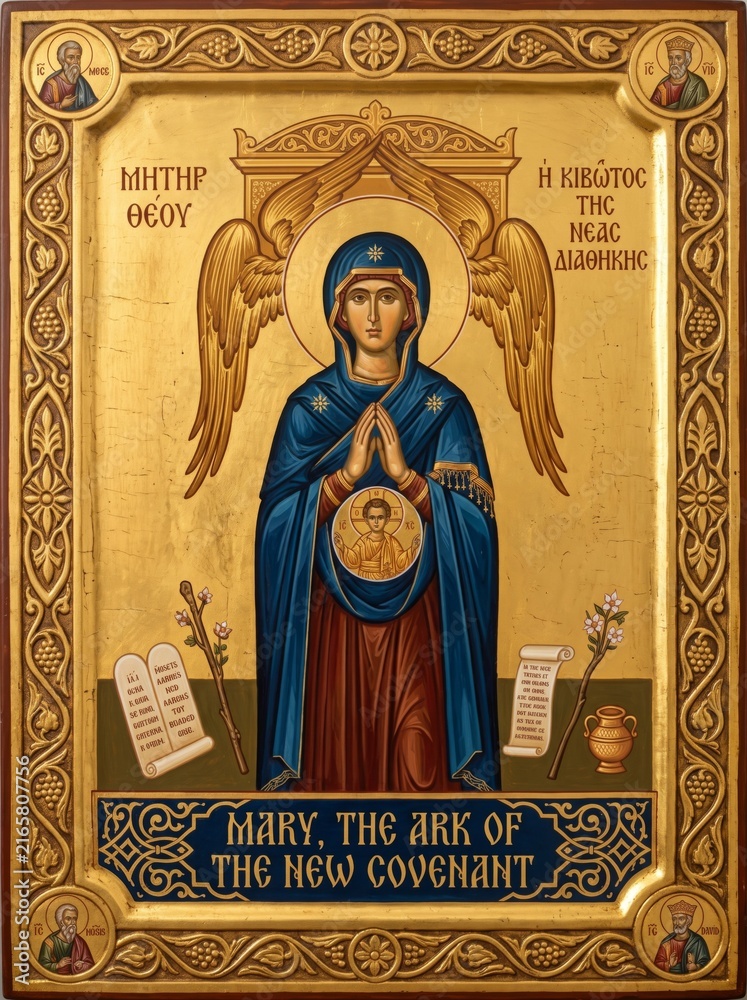 Fototapeta premium Woman virgin Mary with wings praying holding Christ child as ark of the new covenant icon. Golden Byzantine religious painting with halo. Christian faith and orthodox theology concept