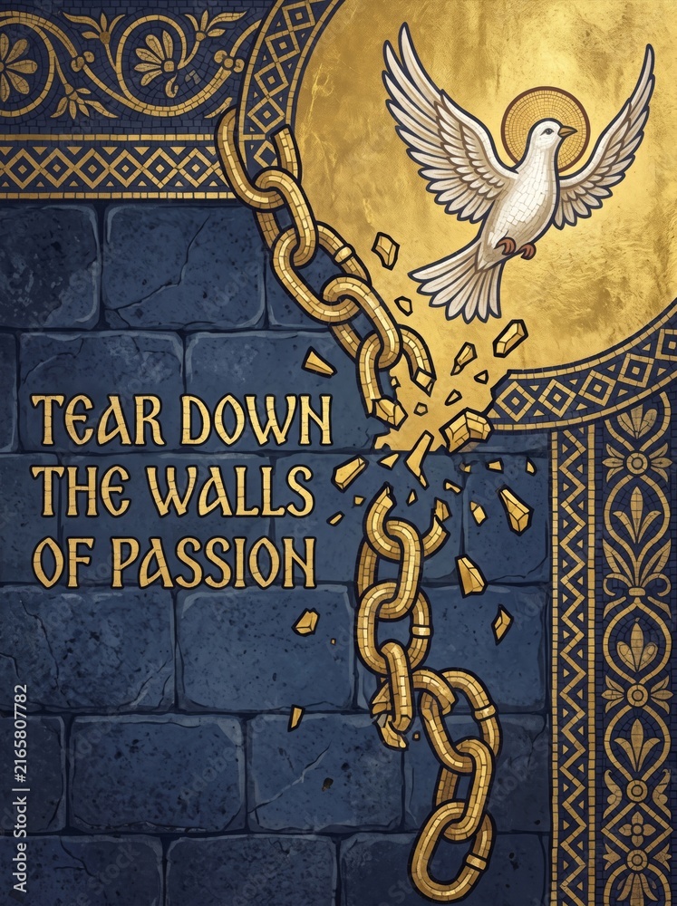 Naklejka premium White dove with halo breaking golden chain on mosaic wall with text tear down the walls of passion. Spiritual freedom and liberation