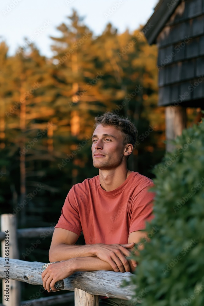 Fototapeta premium Young man leaning on rustic railing at golden hour with pine forest view for outdoor lifestyle background and wellness poster
