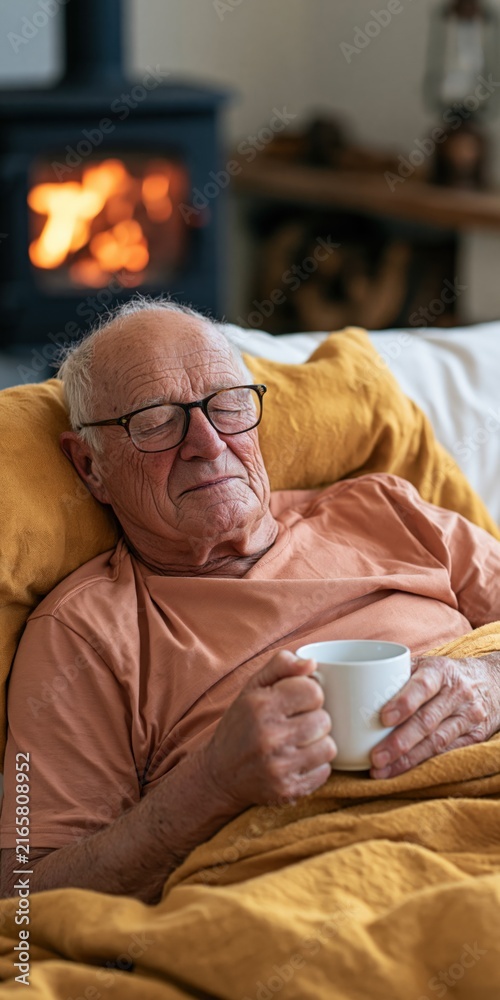 Fototapeta premium Elderly man lying with a mug beside a glowing fireplace for cozy lifestyle banner background and wellness design