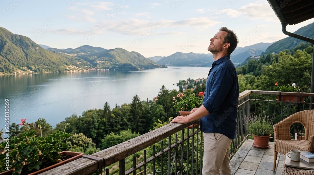 Naklejka premium Man enjoying serene lake view from balcony with mountains and lush green trees in background