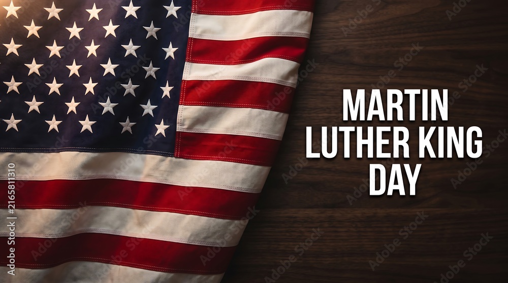 Obraz premium Martin Luther King Day typography in bold white text beside a draped American flag on a dark wooden background.