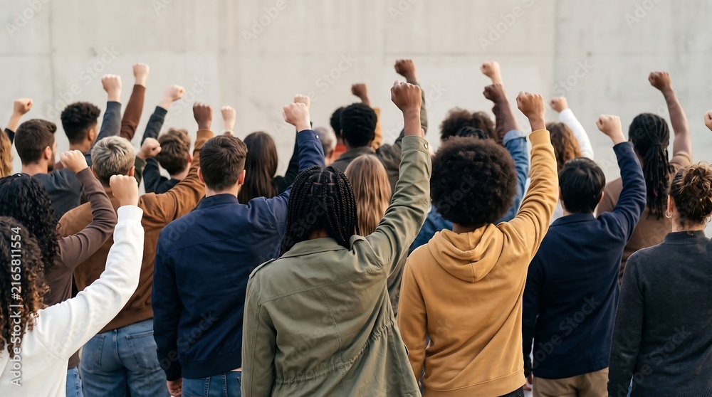 Obraz premium Diverse crowd of people raising their fists in unity during a peaceful rally or demonstration against a plain wall backdrop.