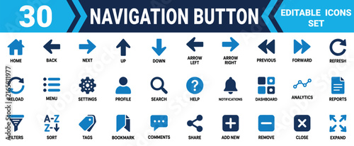 Set of 30 blue and black modern navigation buttons and web interface icons for website and mobile apps Minimal solid fill icon set bundle collection. Editable Vector Illustration Mega pack