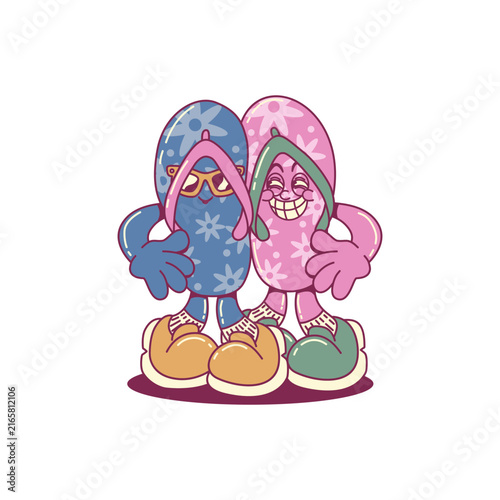 Cute Cartoon groovy beach sandals summer Vector illustration
