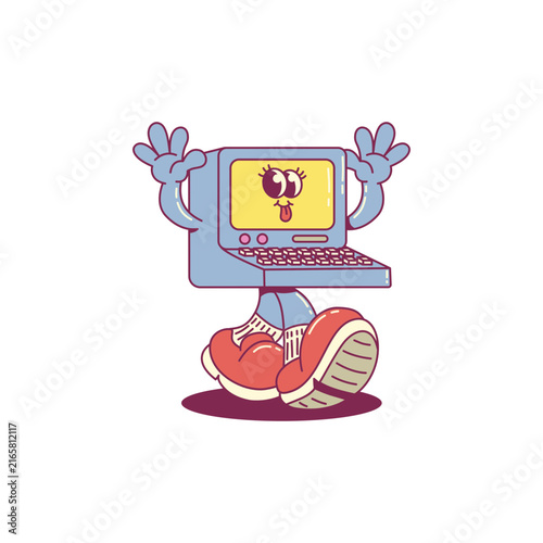 Cute Cartoon groovy computer technology Vector illustration