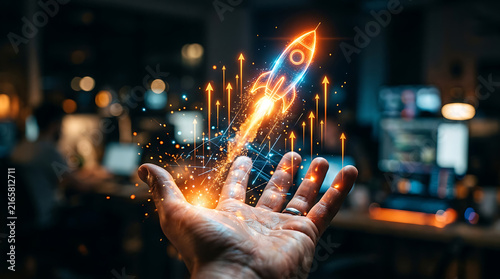 Glowing rocket launch held in a human hand with digital network effects