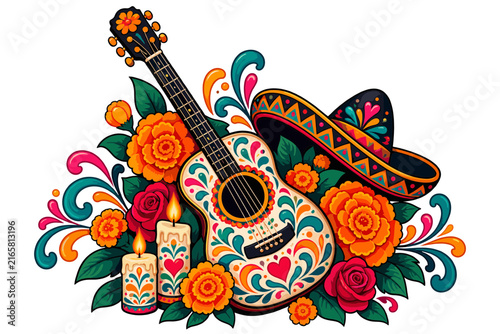 Mexican folk celebration with colorful guitar sombrero marigold flowers and candles