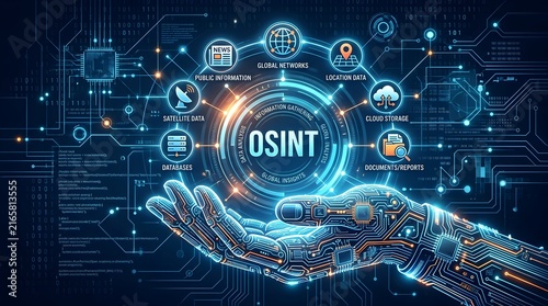 Open source intelligence OSINT concept with artificial intelligence hand, digital network, data investigation, and cyber research