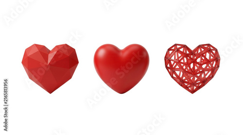 Three unique heart shapes in vibrant red color representing love and affection for various creative uses