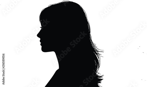 A black silhouette of a woman's head and shoulders in profile view, featuring long hair, isolated on a white background, representing beauty, identity, and mystery