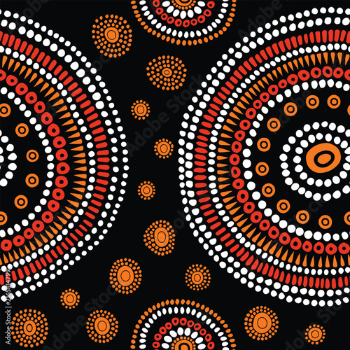 Australian aboriginal indigenous abstract seamless vector pattern with red, orange and white dotted circles on black background