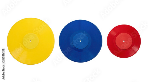 Vibrant vinyl records in shades of yellow blue and red creatively arranged for an eye catching display