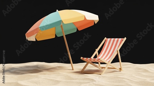 A colorful beach umbrella and striped beach chair on the sand in summer outdoors.