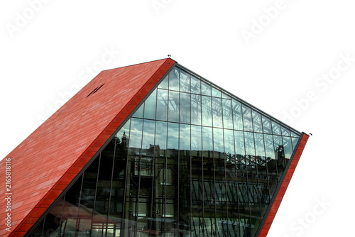Modern geometric glass and red tile architectural building facade on a transparent PNG background. Modern geometric glass and red tile architectural building facade on a transparent PNG background