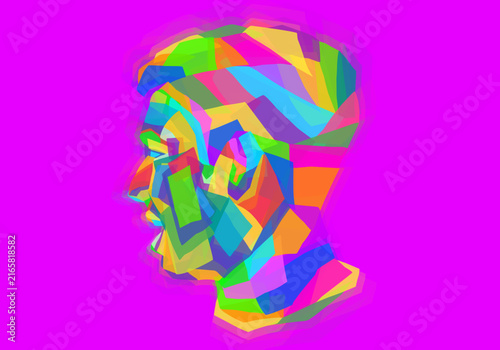 Vibrant Abstract Human Head Profile Illustration with Colorful Geometric Patterns and Pop Art Style on Purple Background