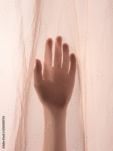 Female hand reaching through sheer white translucent fabric curtain soft light