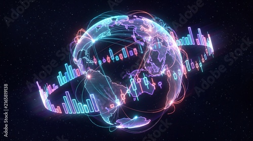 Digital globe with glowing stock market bar charts and network connections, global finance and trading technology concept