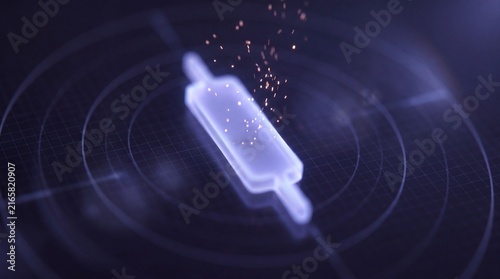 Glowing digital medicine bottle hologram with radar rings and floating particles, pharmaceutical technology and healthcare concept